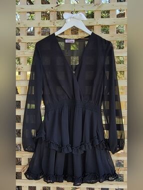 Women's Black Ruffle Tiered Long-Sleeve Dress.